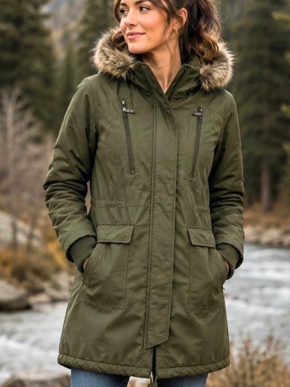 1 Madison Expedition Faux Fur Hooded Parka Green Sz L